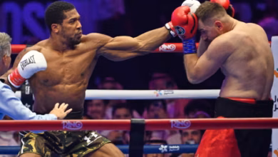 Anthony Joshua pictured on the left during his bout against Kristian Prenga.