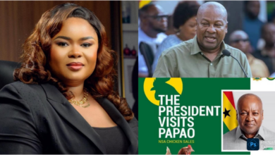 a woman in a black blazer; a man speaking at a podium; a green graphic reading 'The President Visits Papao — NSA Chicken Sales' with his inset photo.