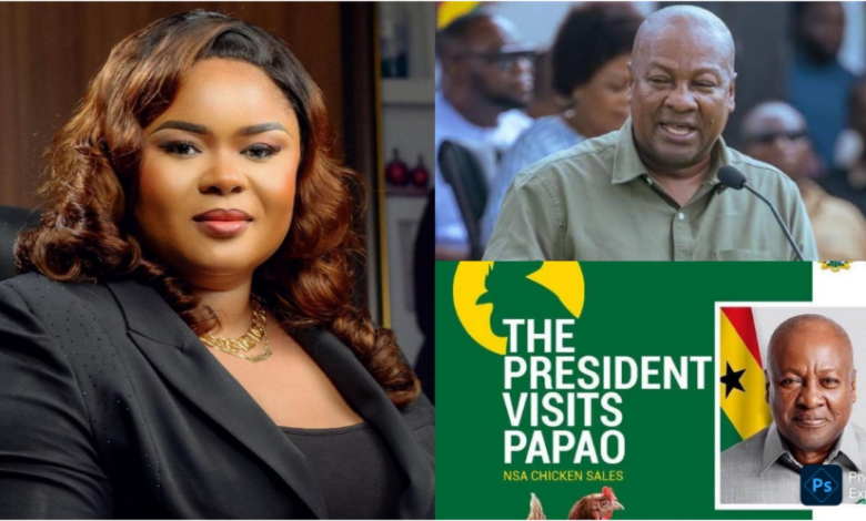 a woman in a black blazer; a man speaking at a podium; a green graphic reading 'The President Visits Papao — NSA Chicken Sales' with his inset photo.