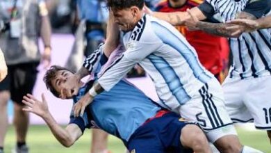 Post-match tension between Argentina and Spain players at the World Cup final.