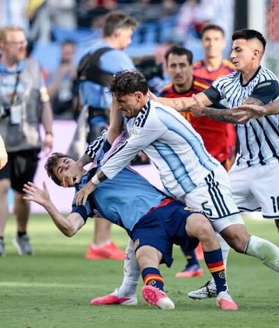 Post-match tension between Argentina and Spain players at the World Cup final.