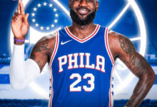 LeBron James in a Philadelphia 76ers jersey.