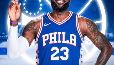 LeBron James in a Philadelphia 76ers jersey.