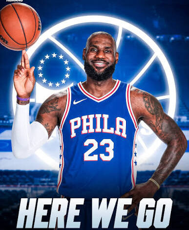 LeBron James in a Philadelphia 76ers jersey.