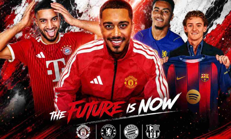 Graphic showing footballers linked with Europe's biggest clubs during the summer transfer window, highlighting transfer activity as pre-season begins.