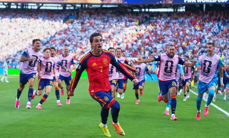 Spain's road to World Cup glory, showing each match from the group stage through the knockout rounds to their 1-0 victory over Argentina in the 2026 FIFA World Cup final.