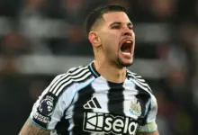 Bruno Guimaraes pictured in action for Newcastle United as speculation grows over his potential transfer to Arsenal.