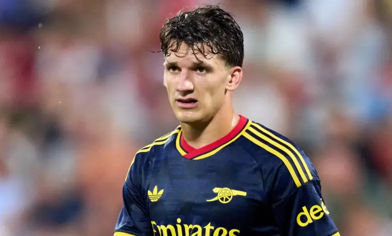 Christos Tzolis pictured during Arsenal’s pre-season match as he begins his journey with the club ahead of the 2026–27 season.